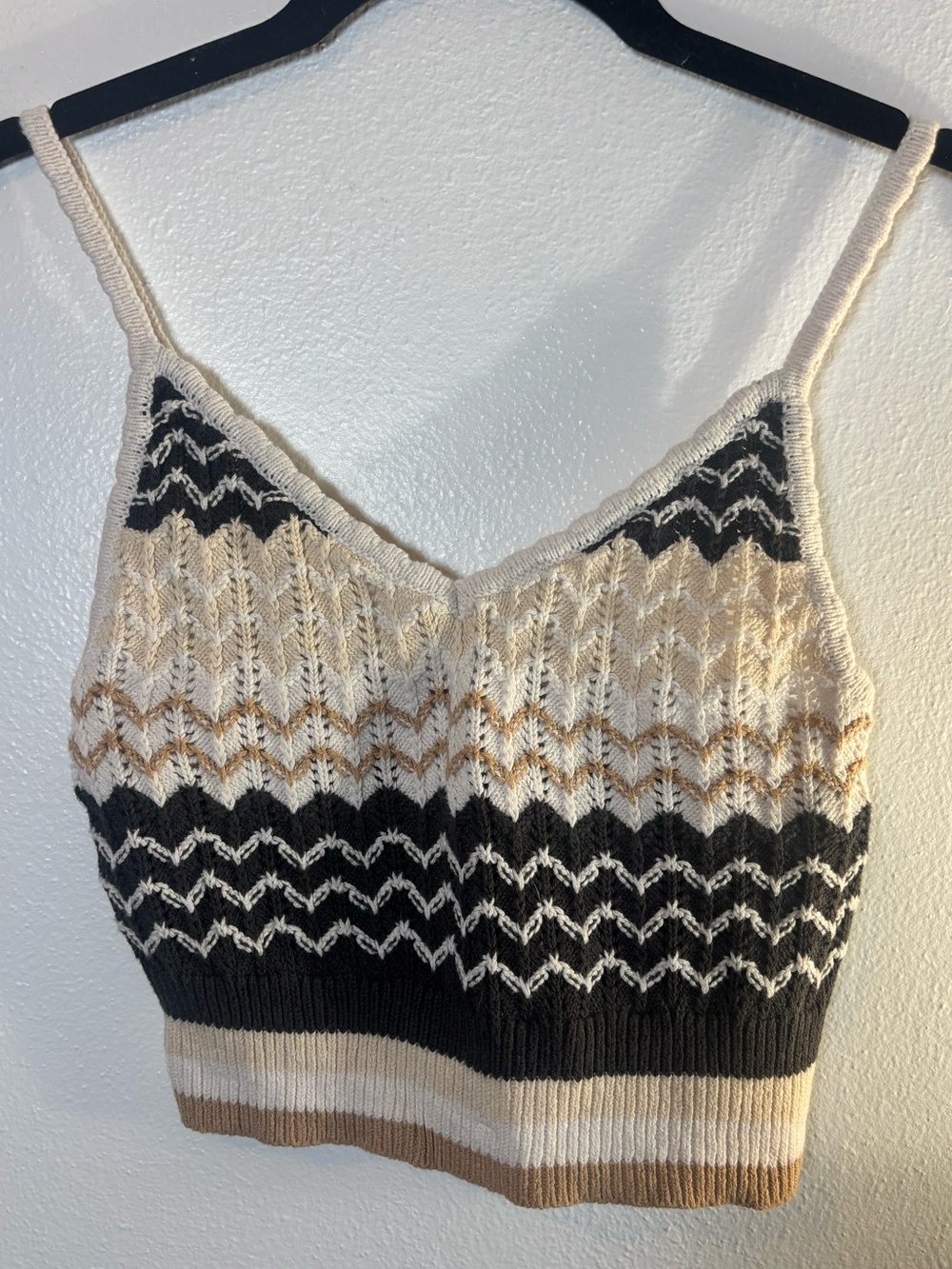 American Eagle Striped Knit Crochet Cami Cropped Tank Top - Cream/Black/Brown